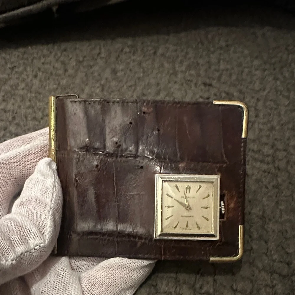 Vintage German Brown Crocodile Men’s Travel Swiss Clock Wallet -